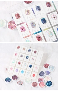 Macro shot of 18 colors mixed hexagonal nail sequins and glitter set in white pots
