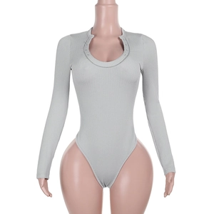 Close-up of light grey ribbed knit bodysuit with U-neck design and sleek texture