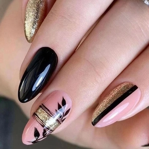 Faux Ongles Forme Amande Noir Or Rose Paillettes Motif Floral Feuille Ongles Artificiels Brillant Accessoire Pour Femmes