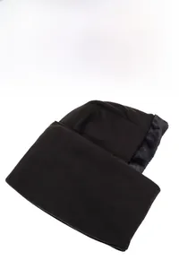 Detail view of the warm black fleece balaclava with integrated neck gaiter for winter