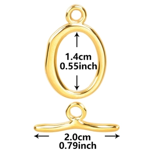 Detailed macro view of 18k gold plated stainless steel OT toggle clasp with dimensions