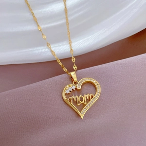 Golden titanium heart pendant necklace with MOM lettering and zircon accents for women