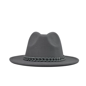 Classic dark grey fedora wool hat with stylish chain decoration and flat brim