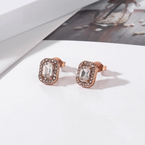 Elegant 18k gold plated stainless steel square stud earrings with halo cubic zirconia