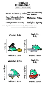 Detailed size and weight specs for green frog enamel pins with cartoon wizard and skate designs