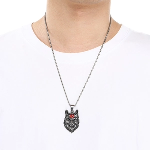 Vintage Fenrir wolf head pendant necklace with red gemstone for men on a steel chain