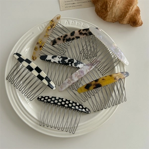 Acetate Hair Side Comb With Metal Teeth Retro Checkerboard Leopard Marble Pattern French Hair Fork For Women Bangs Styling