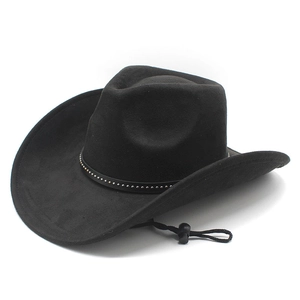 Detail of black faux suede cowboy hat with silver rivets and adjustable windproof cord