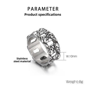 Detail view of 10mm stainless steel ring with hollowed double row skull relief pattern