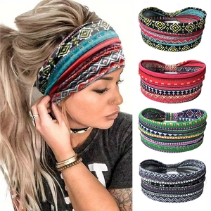 Wide Bohemian Print Headband Elastic Polyester Spandex Ethnic Geometric Breathable Sweatband For Women Yoga Sports