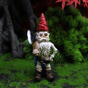 Kreative Halloween Skelett-Zwerg Harzstatue mit rotem Hut und Axt für die Gartendeko