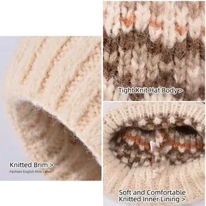 Winter chunky knit beanie with pompom showing detailed texture and warm inner lining