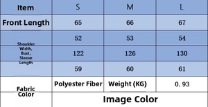 Tableau des tailles pour manteau décontracté avec mesures d'épaules et de poitrine