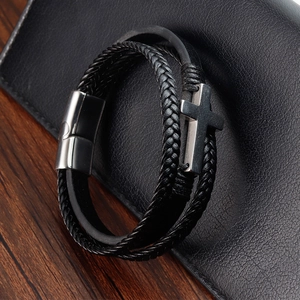 Men's multilayer black braided leather bracelet with steel cross on leather wallet