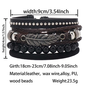 Detail of layered leather bracelet set with feather charm and technical dimensions