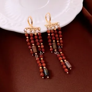 Boucles d'Oreilles Créoles À Franges En Pierre Dorée Vintage Style Bohème Cuivre Perles Bijoux Rétro Pour Femmes