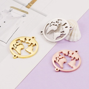Polished stainless steel hollow world map pendants in gold, silver, and rose gold finishes