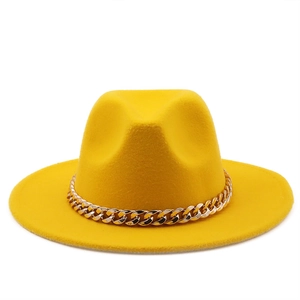 Yellow wool jazz fedora hat with gold chain decoration for women and men