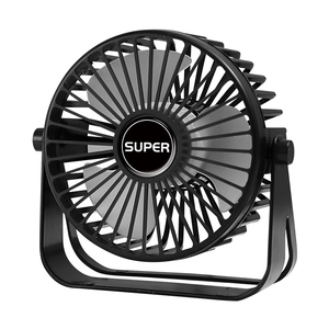 Portable black USB desktop fan with adjustable base and three-blade design on white background