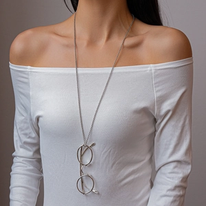 Long silver bead chain necklace with creative eyewear frame pendant for women
