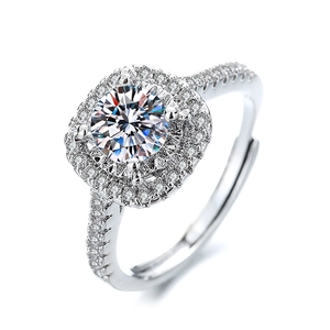 Elegant halo moissanite ring with adjustable silver band and brilliant cut center stone