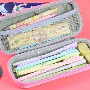 Blue 3D double-layer large capacity pencil case with pink interior and mesh pockets