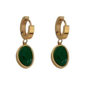 Titanium steel gold hoop earrings with emerald green oval pendants for women