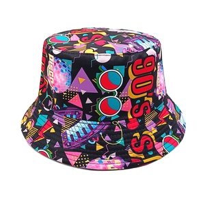 90s Retro Disco Print Bucket Hat Polyester Reversible Sun Protection Vintage Graffiti Summer Outdoor Unisex Basin Hat