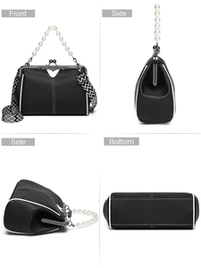 Multi-view of black and white crosshatch leather handbag with pearl handle and ornate clasp