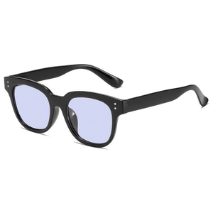 Classic square black frame sunglasses with light purple lenses and metal stud details