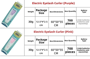 Detail view of electric eyelash curler packaging with size and battery specifications