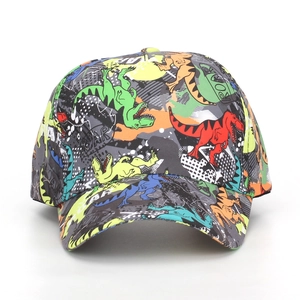 Kids baseball cap featuring colorful cartoon dinosaur prints with a curved brim design