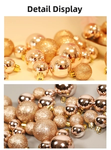 Close-up of gold and rose gold Christmas ornaments with matte, glitter, and mirror finishes