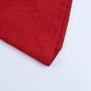 Detailed macro view of the intricate red floral lace texture and stitching on the dress
