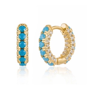 Gold hoop earrings with turquoise beads and micro-set white cubic zirconia on white background