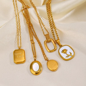 18K gold plated geometric square pendant necklaces with shell and rose on white silk fabric