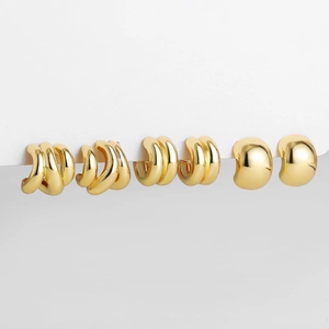 Three pairs of geometric 18K gold plated hollow ball and irregular heart earrings set
