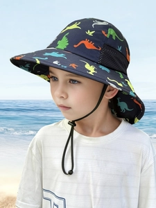 Detailed view of kids sun hat with dinosaur prints and breathable side mesh panel
