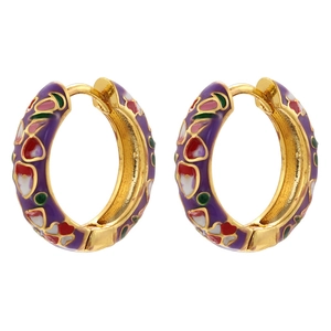 Handcrafted enamel floral hoop earrings in purple and gold with colorful flower patterns