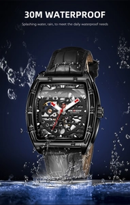 Close-up of skeleton dial and automatic movement gears on waterproof black leather watch