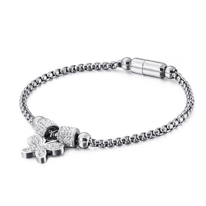 Elegant stainless steel pearl chain bracelet with magnetic bow clasp and cubic zirconia