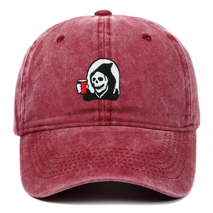 Detailed embroidery of a grim reaper with a red cup on a wine red washed cotton baseball cap