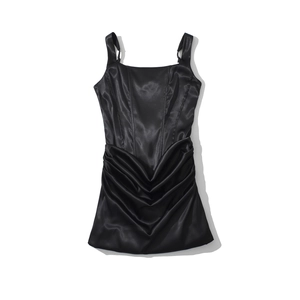 Elegant black satin square neck dress with sleeveless design and waist pleats