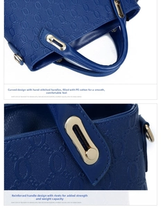 Detail of navy blue PU leather handbag handle with PE cotton padding and rivet reinforcement