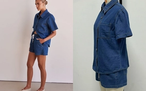 Detail of dark blue denim set with short sleeve button shirt and drawstring shorts