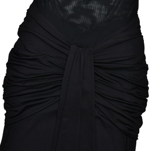 Close-up of black mesh patchwork with ruched pleated details on bodycon dress