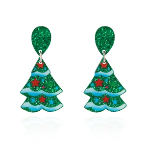 Sparkly green Christmas tree acrylic earrings with red stars and blue wavy patterns