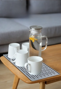 Gray silicone drying mat detail featuring raised stripes for kitchenware ventilation