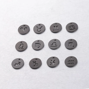 Detailed set of 12 black stainless steel zodiac sign pendants with hollow circular cutouts