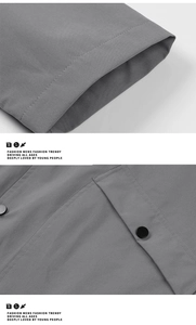 Detail der grauen Twilljacke mit mattem schwarzem Druckknopf und Taschennaht